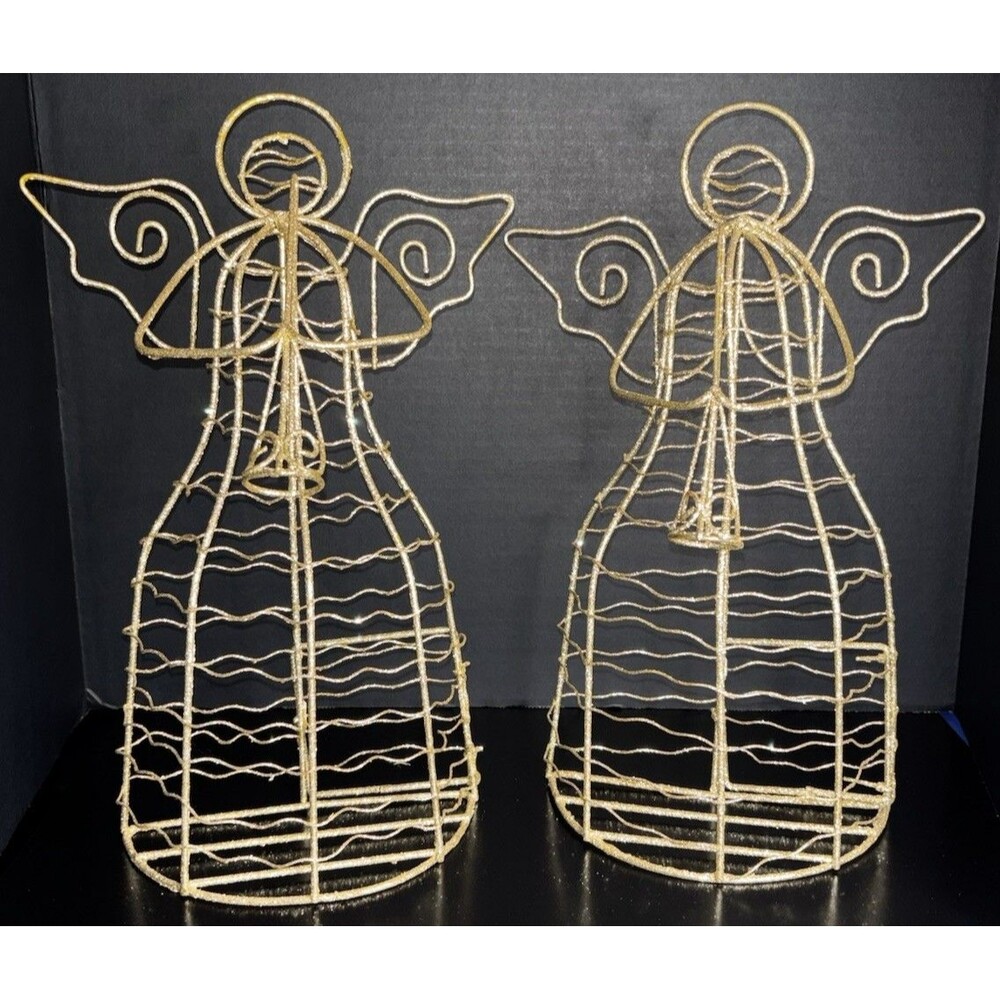 Christmas Angels 2pc Trumpet Gold Wire Glitter Holiday Mantel Shelf Decor Tall